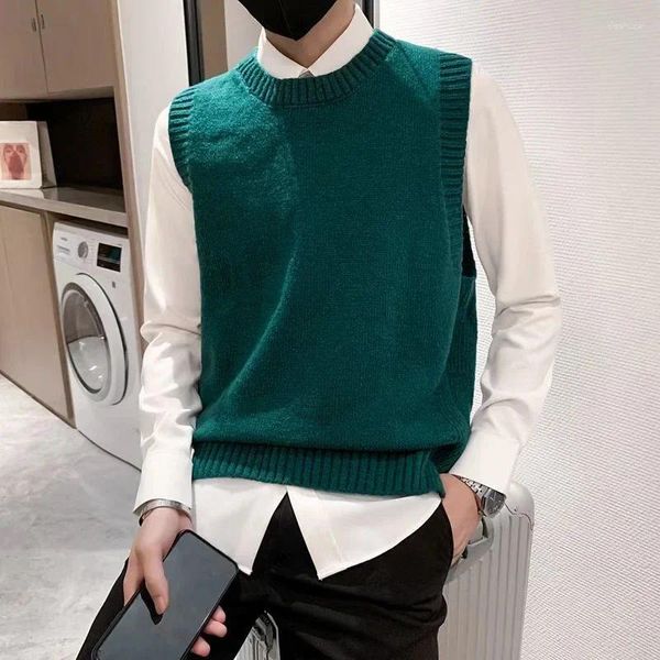 Coletes masculinos homem roupas gola redonda colete de malha suéteres para homens tripulação sólida cor colete liso sem mangas verde plus size velho a x s