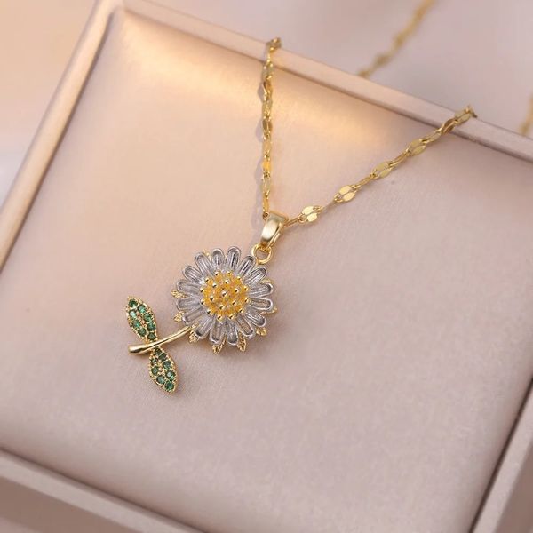 Collana con fiore margherita rotante in acciaio inossidabile per donne Ciondolo amuleto fortunato Regalo per gioielli per feste per banchetti per ragazze per famiglia