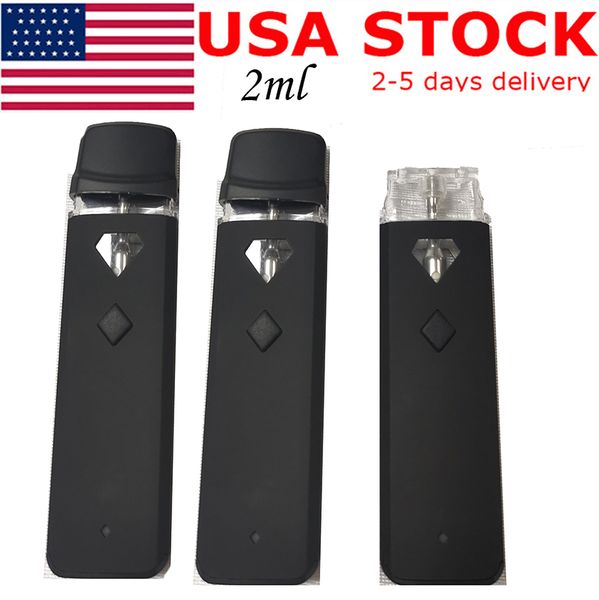 USA STOCK 2ml Penna Vape monouso Baccelli di preriscaldamento Vaporizzatori per sigarette elettroniche vuoti Bobina in ceramica Carrelli per olio denso Preriscaldamento Batteria ricaricabile 320mAh Pulsanti Penne nere