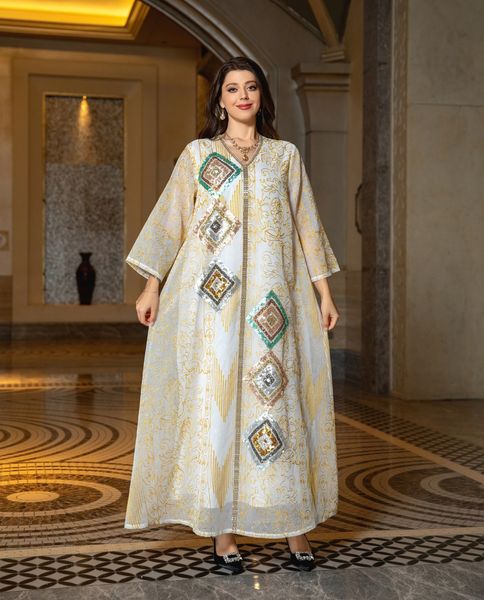 Jalabiya Oriente Médio Robe Malha Muçulmana Bordada Lantejoulas Frisadas Vestidos de Noite Dubai Abaya Temperamento Turco Vestido Longo 2024 Novidades