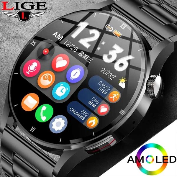 LIGE Para Homens Assistir Tela HD Detecção de Temperatura Corporal Ai Inteligente Voz Smartwatch 2024 Bluetooth Chamada Relógio Relojes