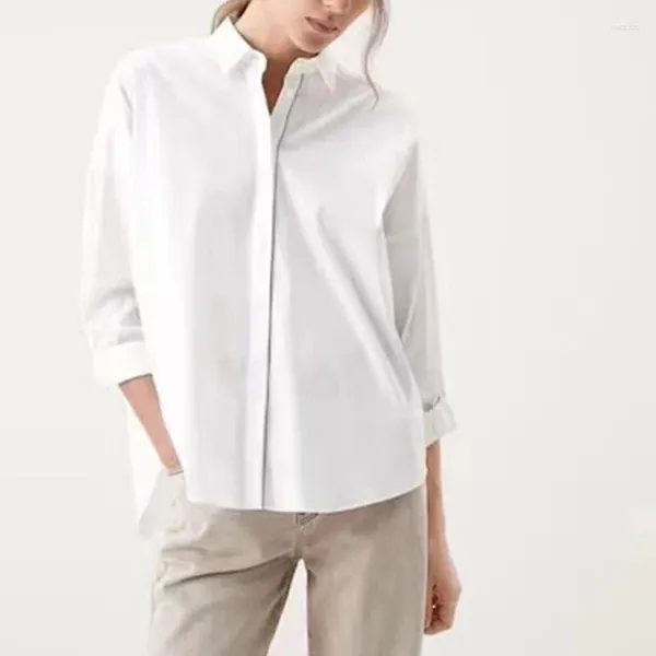 Kadın Bluzları 2024 Klasik çok yönlü düz renkli zincir Gizeli Düğme Pamuk Gevşek Uzun Kollu Beyaz Gömlek Kadınlar