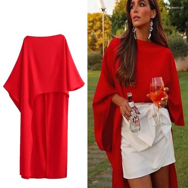 Женские блузки, женская модная асимметричная блузка с накидкой, красные женские рубашки с круглым вырезом и длинными рукавами, топы, осень 2024, повседневный плащ