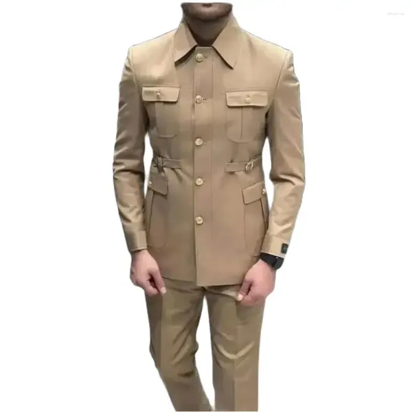 Herrenanzüge Kostüm Homme Goldknopf Safari Männer 2 Stück Hochzeit Party Bräutigam Verschlusskragen Slim Fit Business Blazer