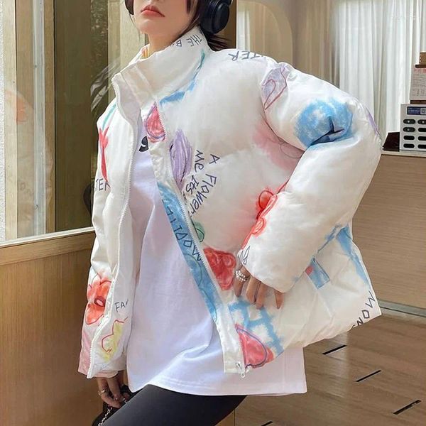 Casacos de trincheira femininos coreano moda impressão jaquetas de inverno feminino engrossar quente gola de algodão acolchoado casaco feminino parkas solto outwear