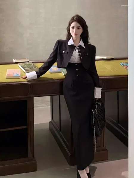 Vestidos de trabalho 2024 primavera moda camisa branca 3 peça conjunto mulher coreano chique uniforme elegante preto curto blazers magro y2k vestido configuração roupas