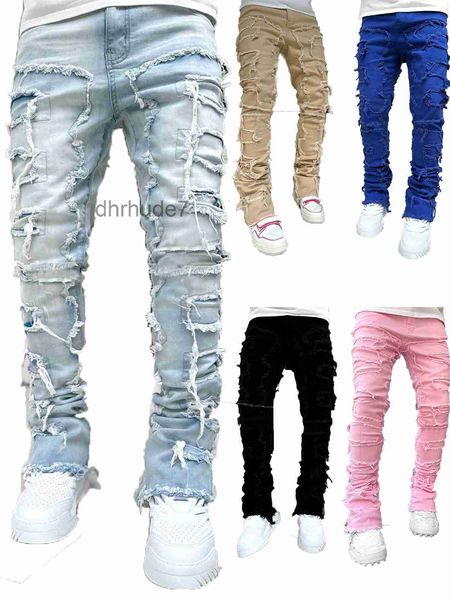 Stack Jeans Herren Lila Regular Fit Stacked Patch Distressed Destroyed Straight Denim Hose Streetwear Kleidung Stretch Bein US Größe 49ZM