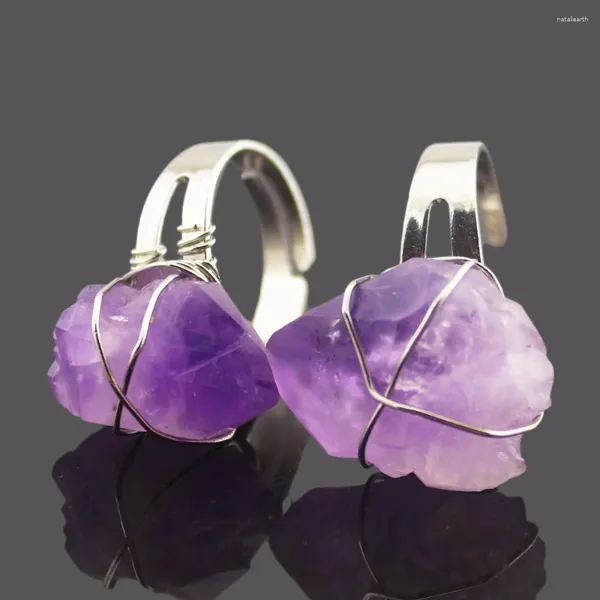 Mit seitlichen Steinen, einzigartiger, silberfarben plattierter, offener Manschettenring, Naturstein, verstellbare Ringe, Amethyste, Kristall, Quarz, Party, Hochzeit, Schmuck