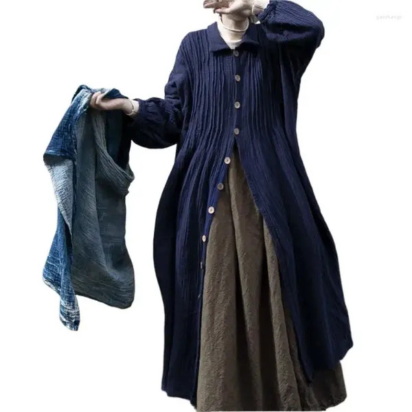 Trench da donna QPFJQD Giacche in cotone retrò femminili Bottone Autunno Blu navy Lungo 2024 Manica da donna A-Line Colletto rovesciato