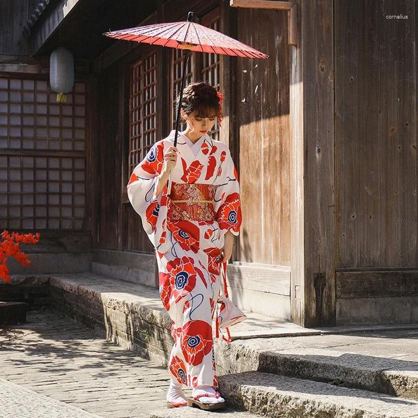 Abbigliamento etnico Kimono giapponese Fiore rosso Yukata giapponese Novità Abito da sera Costume cosplay