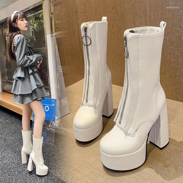 Stiefel 2024 Herbst Winter Frauen Knöchel Plus Größe 22-26,5 cm Pu Oberen Vorderen Reißverschluss Moderne Mode Dicke Ferse plattform