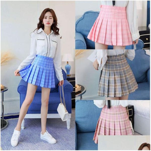 Röcke Kawaii Mädchen Japanischer Stil Hohe Taille Plaid Brust Faltenrock Niedliche Lolita Mini Kurze Uniformen Schule Tartan Rosa Blau Drop D Dhlqb