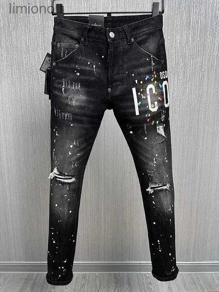 Jeans masculinos 2024 homens quentes jeans calças jeans buraco magro lápis calças botões de metal zíper roupas de festa clássicos elegante preto azul 9881l240119