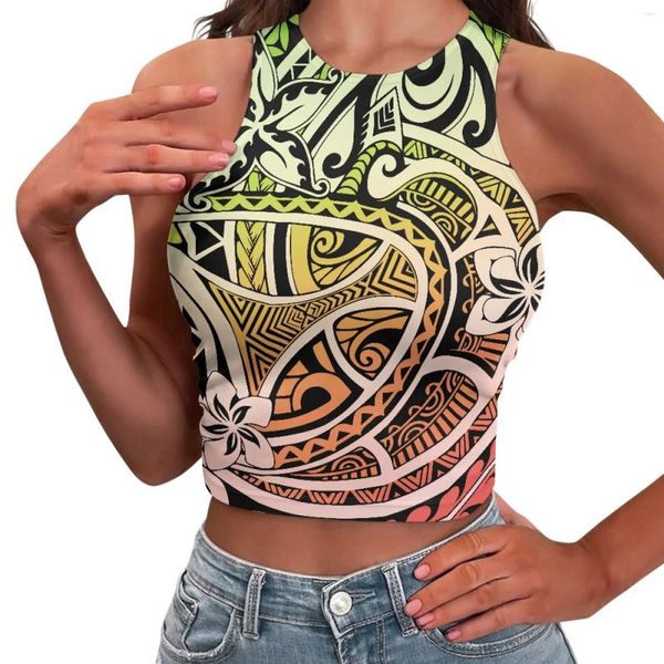 Tanques femininos polinésio tribal pohnpei totem tatuagem imprime verão mulher o-pescoço sexy expor umbigo colete de malha sem mangas arte luxo