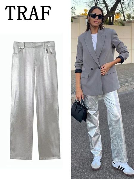 Pantaloni da donna in ecopelle satinata per donna a vita alta Pantaloni da donna argento eleganti autunno inverno larghi casual larghi