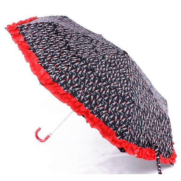 Regenschirm mit gebogenem Griff, Spitze, für Reisen, kreativ, faltbar, UV-Regenschirm, sonniger und regnerischer Regenschirm, schwarz-weißer Streifen-Lippenstift-Druck, Regenschirme, Geschenk 0119