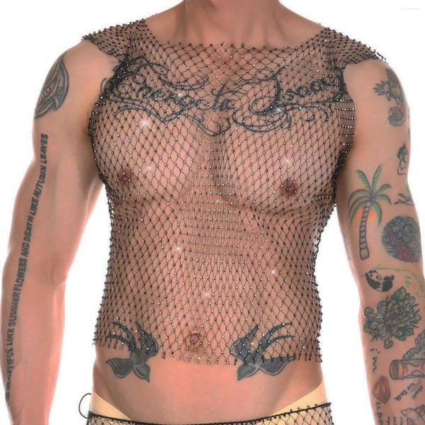 Regatas masculinas fishnet sexy strass brilhante transparente oco colete malha sem mangas camiseta roupas transparentes