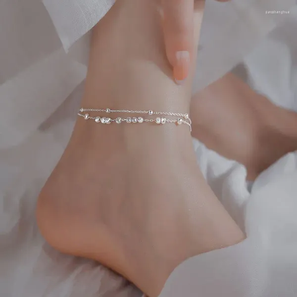 Ножные браслеты из настоящего стерлингового серебра 925 пробы, двухслойные круглые бусины, геометрический браслет на щиколотке, цепочки для ног, ювелирные изделия для женщин
