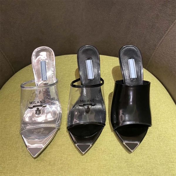 Designer-Damen-High-Heels, bedruckte Plexiglas-Sandalen, modische Mailänder Hausschuhe, dicke High Heels, Schwarz, Silber, Blau, Metallic-Leder-Einlegesohlen-Hausschuhe