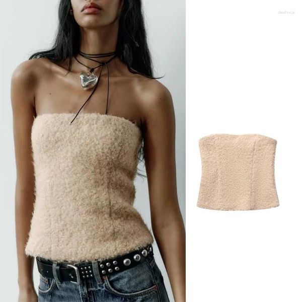 Canotte da donna in lana d'agnello invernale Crop Top femminile con spalle scoperte Corsetto Top per le donne 2024 Backless Woman Sexy