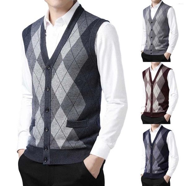 Coletes masculinos Mens Lã V Pescoço Camisola De Malha Colete Cardigan Manta Color Block Casual Versátil Botão Duplo Bolso Suéteres