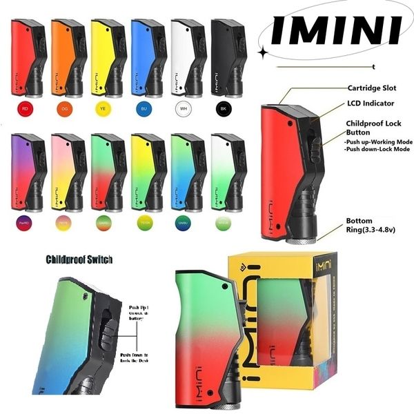 Bateria Imini Mod 500mAh com interruptor à prova de crianças Bateria de tensão ajustável inferior para canetas 510 Vape Cartucho de bateria Versão de plástico de metal Fornecimento do fabricante