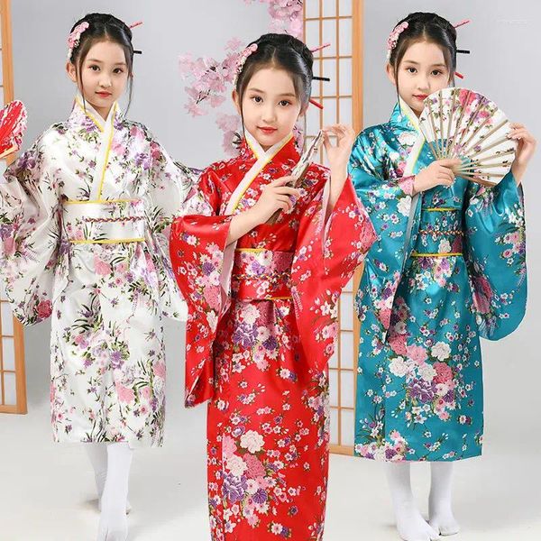Roupas étnicas Crianças Cetim Seda Kimono Tradicional Estilo Japonês Pavão Yukata Vestido para Menina Criança Cosplay Japão Haori Traje Asiático