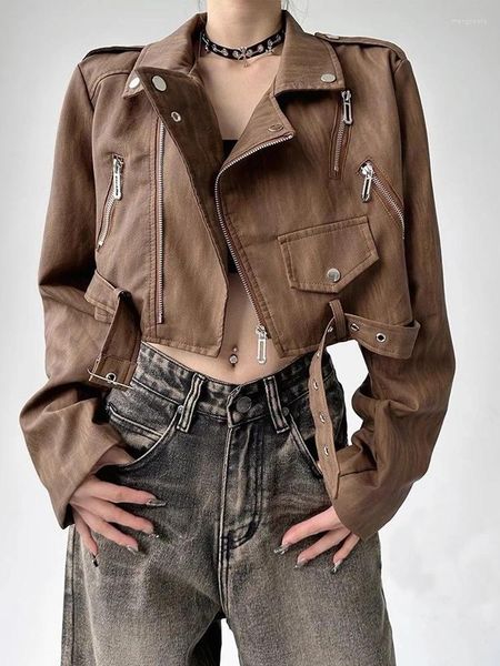 Jaqueta recortada de couro punk marrom feminina, roupa externa com zíper moto motociclista casual design chique casaco de rua alta