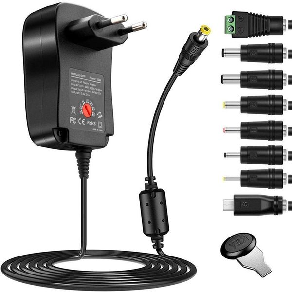 Adaptador de fonte de alimentação multifuncional 8 em 1 3V / 4,5V / 5V / 6V / 7,5V / 9V / 12V Adaptador de alimentação de tensão ajustável Adaptador universal de 30W Carregador USB UE US AU UK Plug