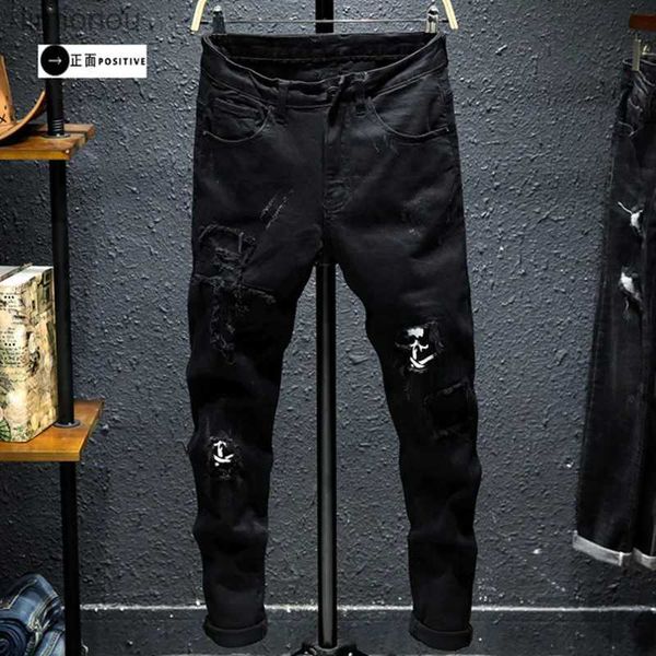 Calças de brim masculinas preto novo buraco remendo jeans magro estiramento calças homens crânio impressão moda mendigo calças hip hop motocicleta marca roupas l240119