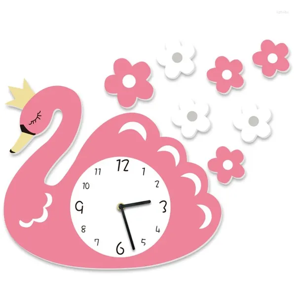 Orologi da parete Ragazza rosa Cuore Camera dei bambini Soggiorno Orologio silenzioso Cartone animato 3D Personalità creativa Cigno alla moda