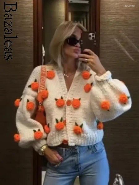 Malhas femininas 2024 mulheres zbza oversize 3d laranja rosa floral cardigan com decote em v casaco de malha solto sweate malhas loja global oficial