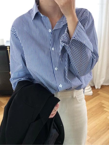Camicette da donna Blu classico a righe moda coreana manica lunga colletto rovesciato 2024 primavera casual semplice camicia capispalla