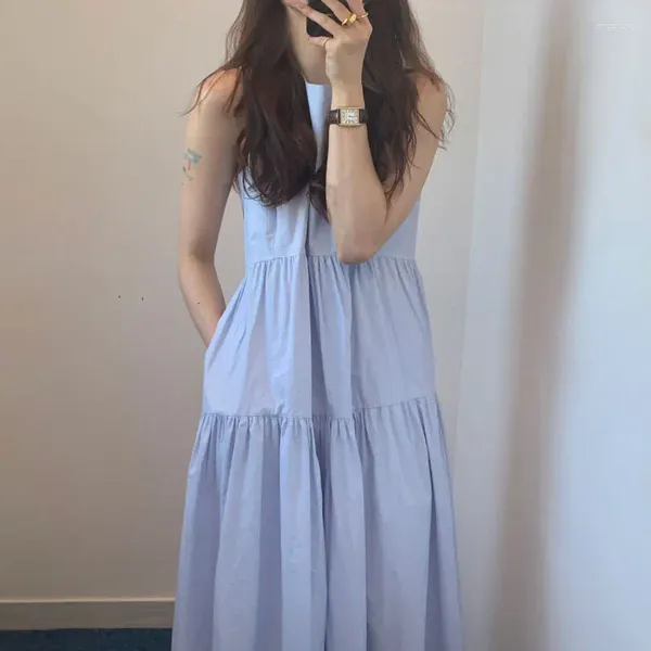 Sıradan elbiseler kadın giyim vestidos plaj beyaz yaz Fransızca yuvarlak boyun patchwork pileli katmanlı kolsuz yelek elbise sundress