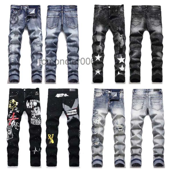 Designer Jeans Uomo High Street Viola per Uomo Pantaloni ricamati Donna Oversize Strappato Patch Hole Denim Dritto Moda Slim P7AO