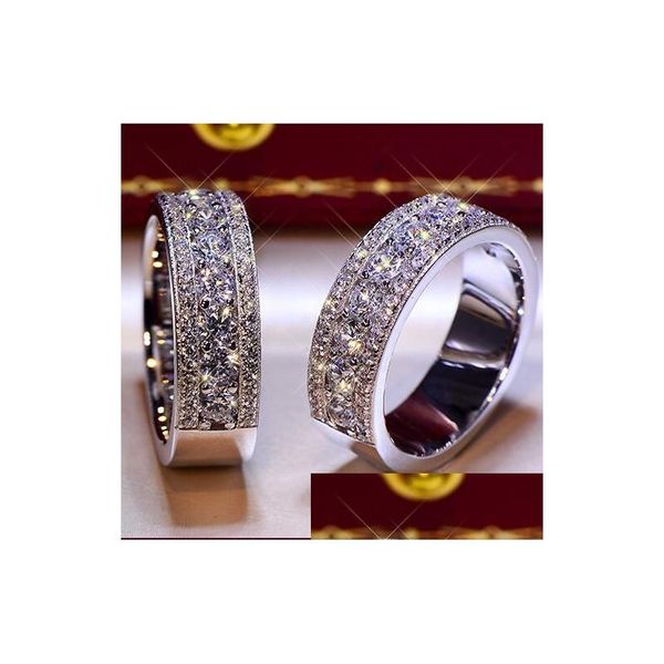 Alyanslar Parlak Katı 925 Sterling Sier Evlilik Yıldönümü Yuvarlak Aşıklar Sona Diamond Ring Engagement Band Fine Teavelry Erkekler W DHY0T