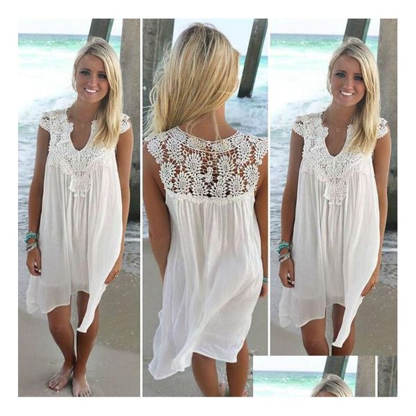 Vestidos casuais básicos estilo boho mulheres vestido de renda verão solto praia mini swing chiffon bikini er up roupas femininas entrega entrega a dhzky