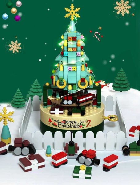 Weihnachtsspielzeugzubehör Bunte Weihnachtsbaumbausteine rotierende Spieluhr Kinderpuzzle Konstruktionsspielzeug geeignet für Jungen und Mädchen Christmasvaiduryb