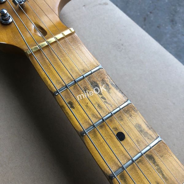 Novo!!! Fingerboard recortado Yngwie Malmsteen guitarra relíquia pesada, guitarra elétrica ST de cabeça grande, branco creme vintage, porca de latão