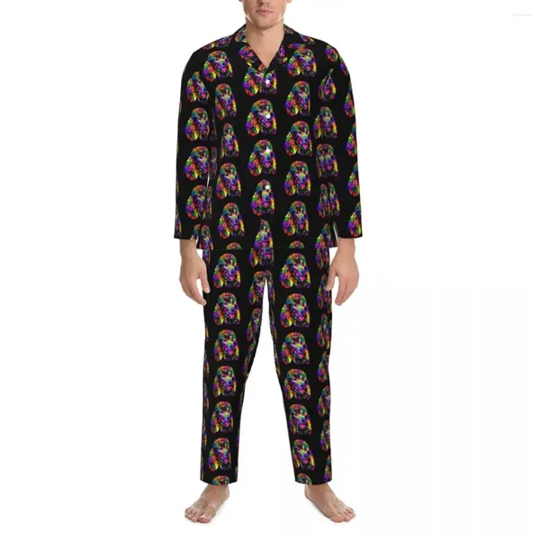 Pijamas masculinos arte poodle outono cão impressão casual conjunto de pijama de grandes dimensões masculino mangas compridas kawaii lazer gráfico nightwear