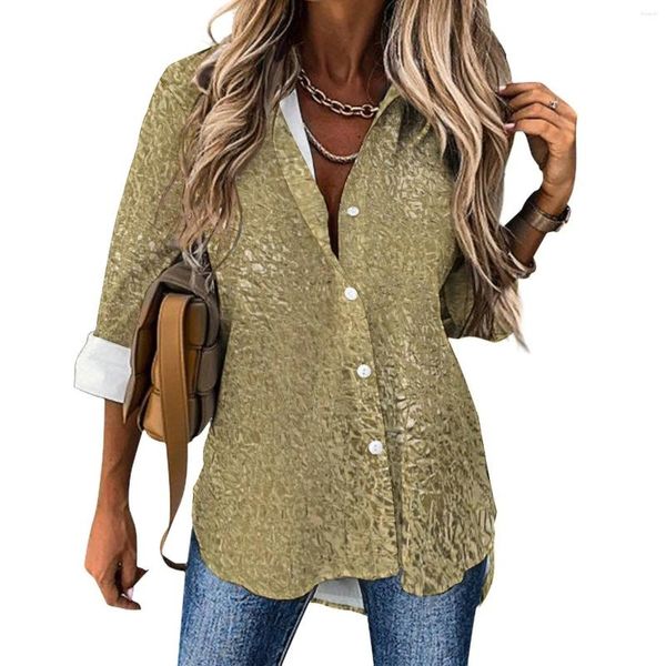 Camicette da donna Camicetta casual con stampa finta metallizzata dorata Manica lunga Camicia oversize basic da donna con glitter dorati Top Regalo di compleanno