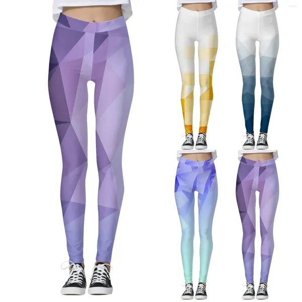 Calças ativas femininas casuais apertadas cintura alta esportes yoga colorido impressão geométrica leggings