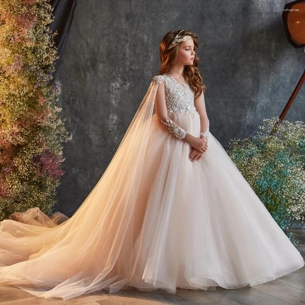 Mädchen Kleider EVLAST Luxus Spitze Applique Blume Für Hochzeiten Prinzessin Mit Kappe Kleine Mädchen Pageant Heilige Kommunion Kleid TFD015