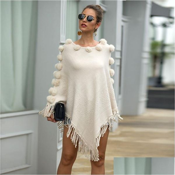 Mantella da donna Autunno Maglione lavorato a maglia Poncho Mantella con nappa da donna Inverno lungo da donna maniche a pipistrello Sciarpa Piviere Drop Delivery Abbigliamento Clo Dhbor