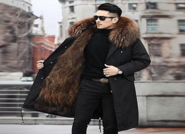 Homem parka inverno elegante jaqueta longa streetwear russo 7xl casaco de pele real natural gola de pele de guaxinim com capuz grosso quente coat3626643