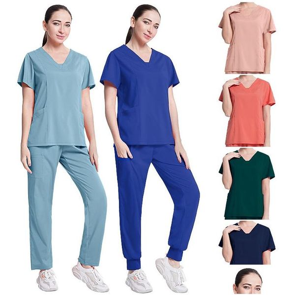 Pantaloni a due pezzi da donna Pantaloni a due pezzi da donna Tinta unita Spa Filettato Abiti da lavoro per clinica Top Uni Scrub Uniforme infermieristica per animali domestici Drop Del Dhkcf