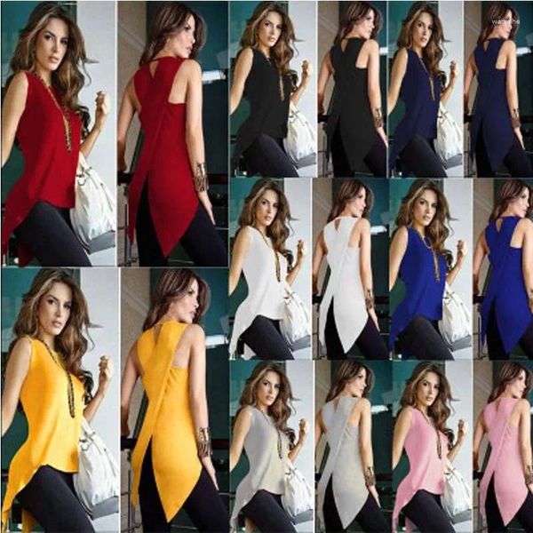 Canotte da donna Abbigliamento Canotte Estate Donna sexy Indietro Croce irregolare Tinta unita senza maniche Giallo Slim Top Vest