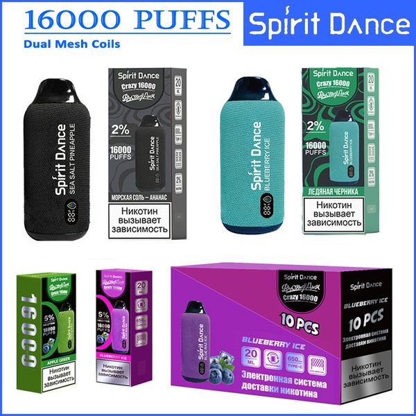 Оригинальный Spirit Dance 16000 затяжек 16K Vape Одноразовый 650 мАч Тип-C Зарядка 20 мл Предварительно заполненный контейнер с аккумулятором и жидкостью Индикатор 0% 2% 5% Одноразовые электронные сигареты