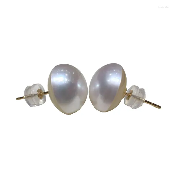 Ohrstecker, ein Paar, weiße MABE-Perle, Münze, Natur, FPPJ, 14 Karat