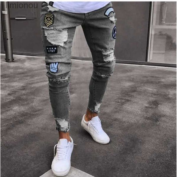 Jeans masculinos homens elástico rasgado skinny motociclista bordado desenhos animados impressão jeans destruído buraco slim fit denim de alta qualidade hip hop jeans pretol240119